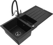 Mexen Andres granito plautuvė su 1,5 sekcija ir vandens nusausintuvu ir virtuvės maišytuvu Duo, juoda - 6515-77-671701-07-B