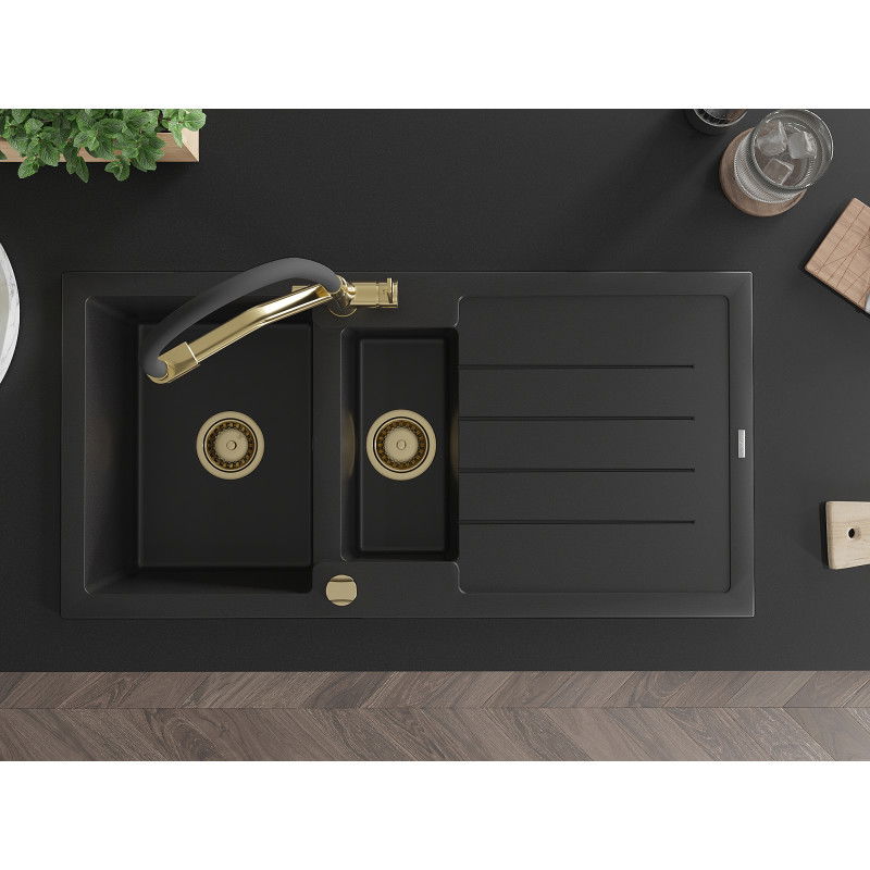 Mexen Andres granitinė 1,5 plautuvė su nusausintuvu ir Duo virtuvės maišytuvu, juoda - 6515-77-671701-57-G