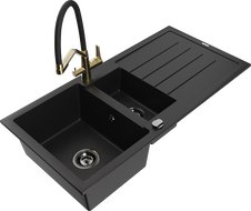 Mexen Andres granito kriauklė 1,5 skylių su nutekėjimu ir virtuvės maišytuvu Duo, juoda - 6515-77-671701-57-B