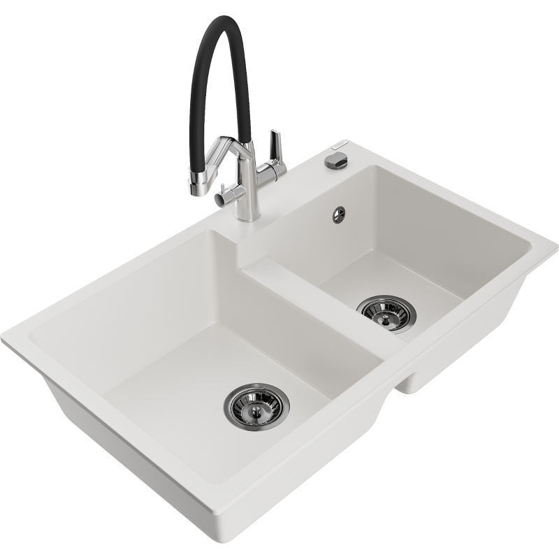 Mexen Tomas granitinė dviejų skyrių plautuvė su virtuviniu maišytuvu Duo, balta - 6516-20-671701-07-B