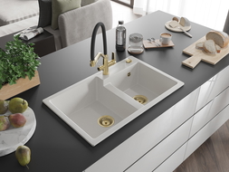 Mexen Tomas granito plautuvė su 2 kameromis ir Duo maišytuvu, balta - 6516-20-671701-57-G