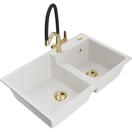 Mexen Tomas granito plautuvė su 2 kameromis ir Duo maišytuvu, balta - 6516-20-671701-57-G