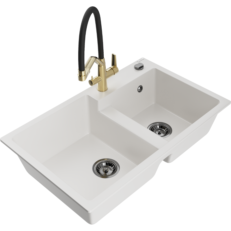 Mexen Tomas granito virtuvės kriauklė su 2 skyriais ir virtuviniu maišytuvu Duo, balta - 6516-20-671701-57-B