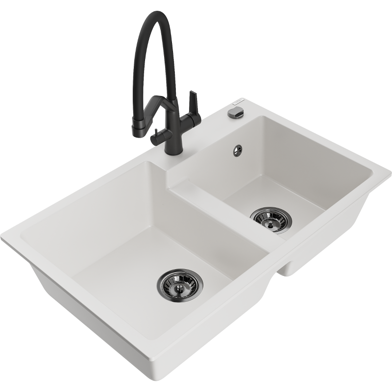 Mexen Tomas granitinis dviejų skyrių praustuvas su Duo virtuviniu maišytuvu, baltas - 6516-20-671701-70-B