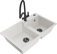 Mexen Tomas granitinis dviejų skyrių praustuvas su Duo virtuviniu maišytuvu, baltas - 6516-20-671701-70-B