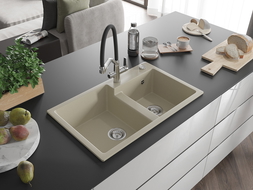 Mexen Tomas granito plautuvė 2 skylių su virtuviniu maišytuvu Duo, smėlio - 6516-69-671701-07