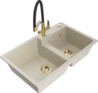 Mexen Tomas granito plautuvė 2-skyrių su virtuviniu maišytuvu Duo, smėlio spalvos - 6516-69-671701-57-G