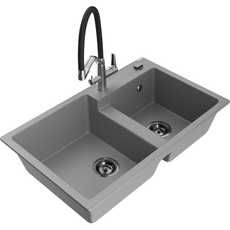 Mexen Tomas dviejų kamerų granito plautuvė su Duo virtuvės maišytuvu, pilka - 6516-71-671701-07-B