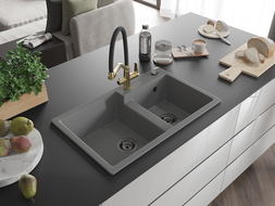 Mexen Tomas granito dviguba virtuvės plautuvė su maišytuvu Duo, pilka - 6516-71-671701-57-B