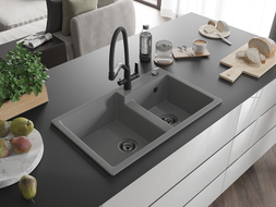 Mexen Tomas granitinė dviejų kamerų plautuvė su virtuvės Duo čiaupu, pilka - 6516-71-671701-70-B