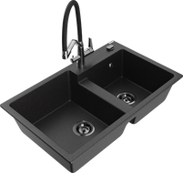 Mexen Tomas granitinė dviejų skylių kriauklė su virtuviniu maišytuvu Duo, juoda/sidabras metaliko - 6516-73-671701-07-B