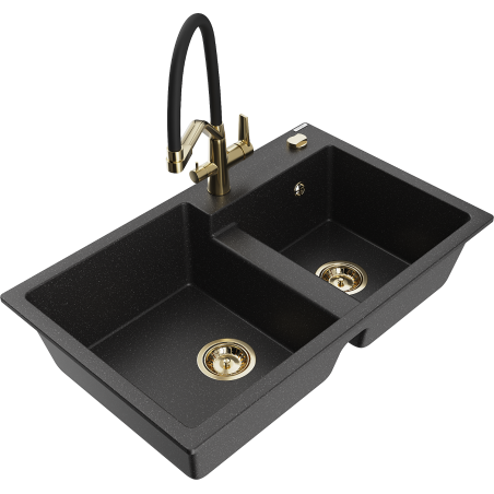 Mexen Tomas granitinis dviejų skyrių plautuvė su Duo virtuviniu maišytuvu, juodas/sidabrinis metalikas - 6516-73-671701-57-G