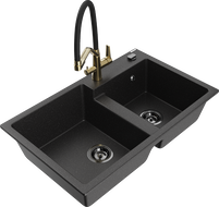 Mexen Tomas dviejų kamerų granito kriauklė su virtuvės maišytuvu Duo, juodas/sidabro metalikas - 6516-73-671701-57-B