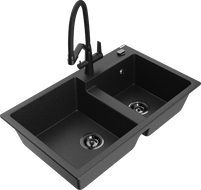 Mexen Tomas granitinė 2-jų kamerų virtuvinė kriauklė su maišytuvu Duo, juoda/sidabrinė metalo spalva - 6516-73-671701-70-B