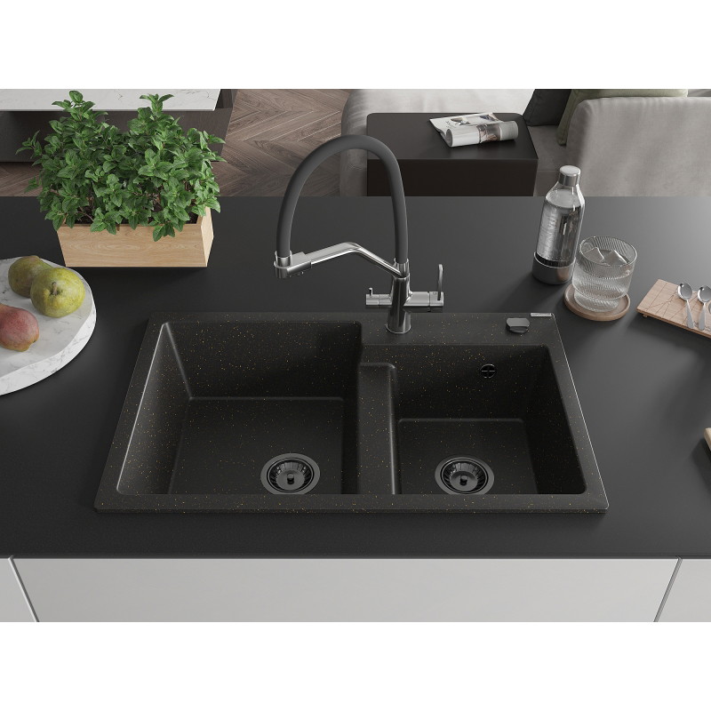 Mexen Tomas 2 skylių granitinė virtuvinė plautuvė su Duo virtuviniu maišytuvu, juoda/auksinė metalo spalva