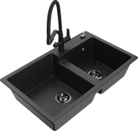 Mexen Tomas granitinė dviejų skyrių plautuvė su virtuviniu maišytuvu Duo, juoda/aukso metalo spalva - 6516-75-671701-70-B