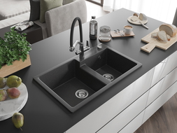 Mexen Tomas granito plautuvė 2 skyrių su virtuviniu maišytuvu Duo, juoda taškuota - 6516-76-671701-07