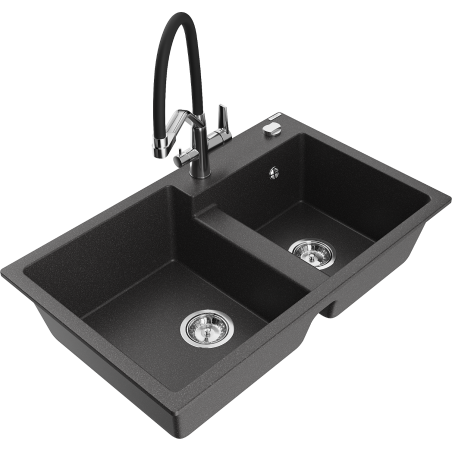 Mexen Tomas granito plautuvė 2 skyrių su virtuviniu maišytuvu Duo, juoda taškuota - 6516-76-671701-07