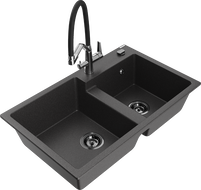Mexen Tomas dviejų skyrių virtuvinė plautuvė granitinė su maišytuvu Duo, juoda taškuota - 6516-76-671701-07-B