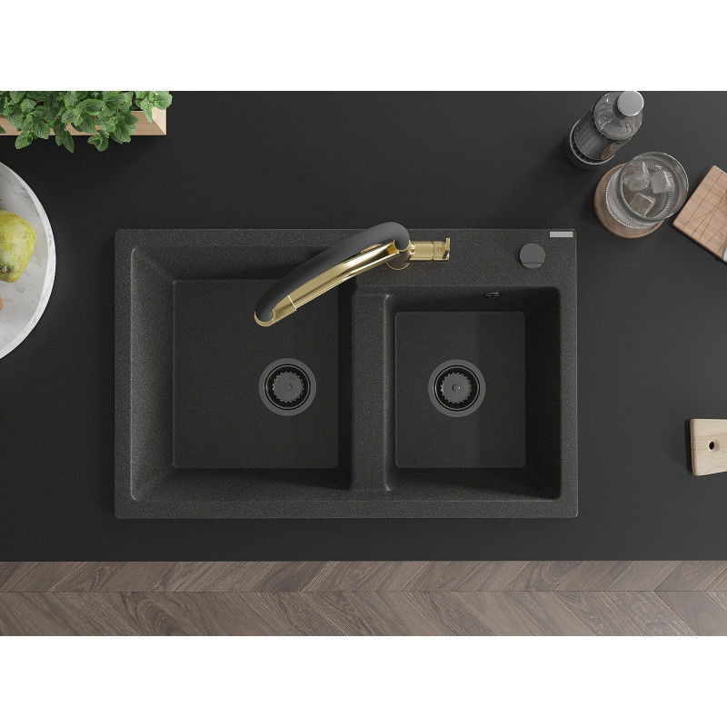 Mexen Tomas granitinė dviejų skyrių plautuvė su virtuviniu maišytuvu Duo, juoda su taškeliais - 6516-76-671701-57-B