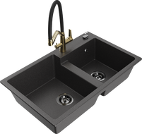 Mexen Tomas granitinė dviejų skyrių plautuvė su virtuviniu maišytuvu Duo, juoda su taškeliais - 6516-76-671701-57-B
