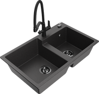 Mexen Tomas dviejų kamerų granito kriauklė su virtuvės maišytuvu Duo, juodas taškuotas - 6516-76-671701-70-B