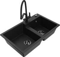 Mexen Tomas dviejų kamerų granitinė virtuvinė plautuvė su maišytuvu Duo, juoda - 6516-77-671701-70-B