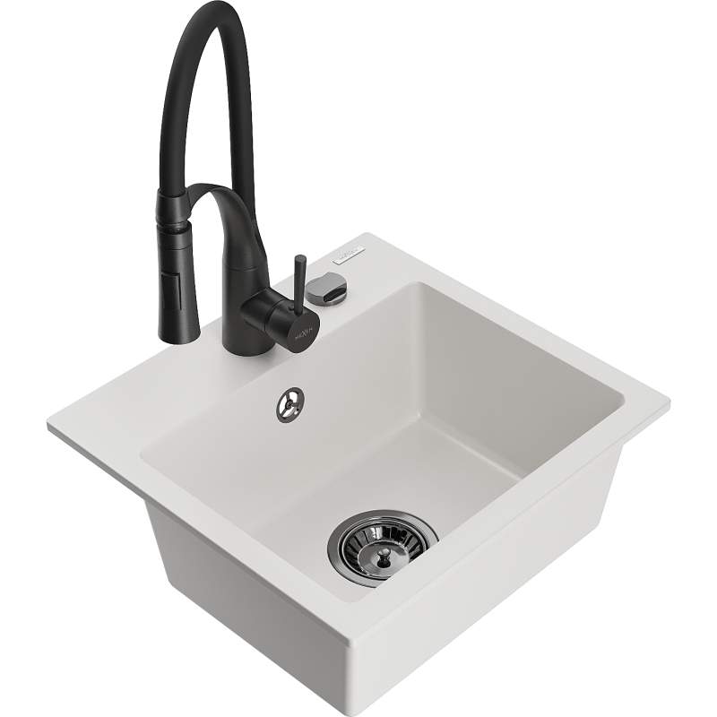 Mexen Milo granito plautuvė 1 skyrelio su virtuviniu maišytuvu Aster, baltas - 6505-20-73450-70-B