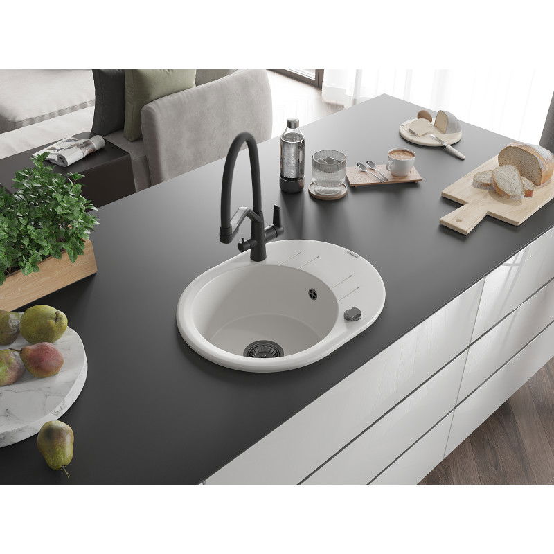 Mexen Kevin granito plautuvė vienos kameros su virtuviniu maišytuvu Duo, balta - 6517-20-671701-70-B