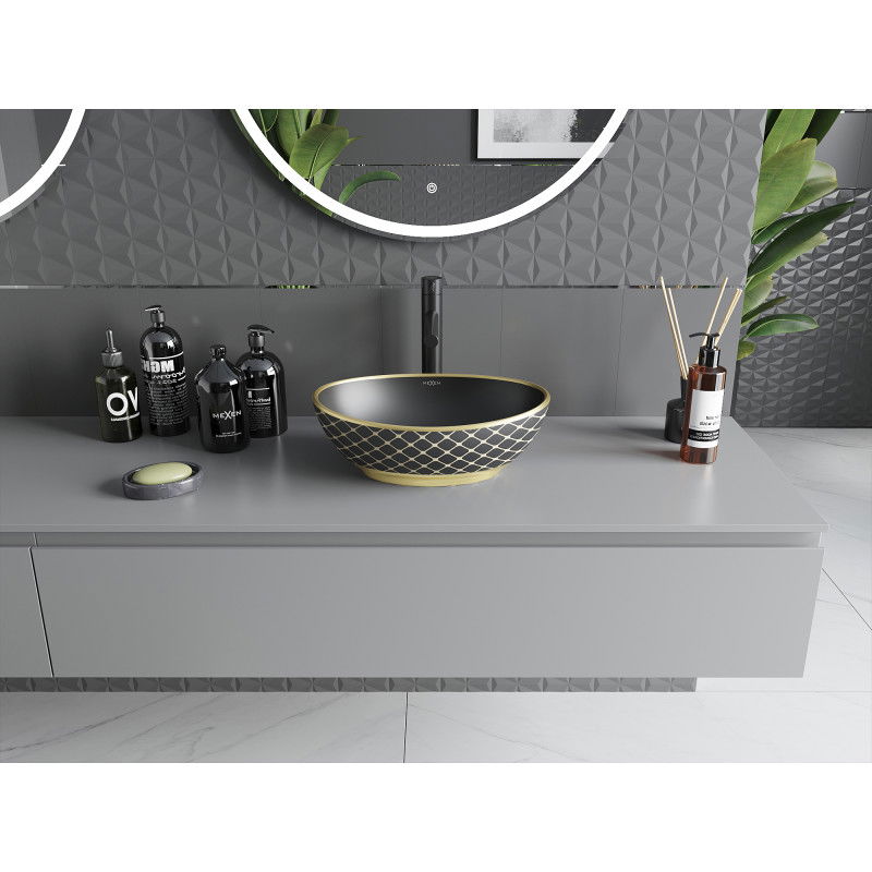 Mexen Elza praustuvė montuojama ant stalviršio 40 x 33 cm, juodas matinis/auksinė tinklelio raštas - 21014029