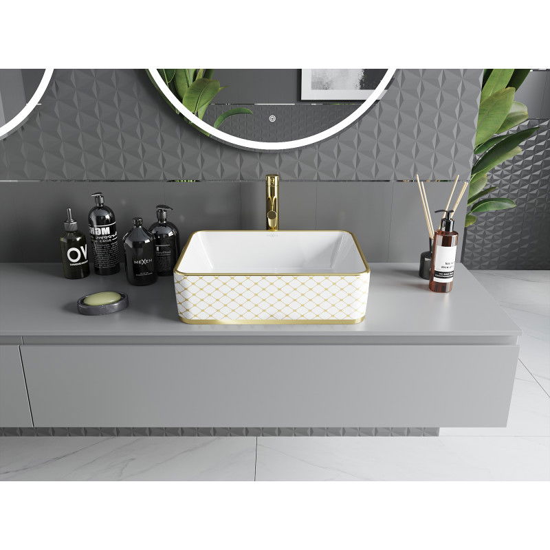 Mexen Catia stalviršio skalbimo kriauklė 48 x 37 cm, balta/aukso spalvos langelių raštas - 21314809