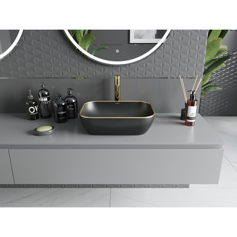 Mexen Rita antstalginė praustuvas 45 x 32 cm, juoda matinė/auksinis kraštas - 21084575