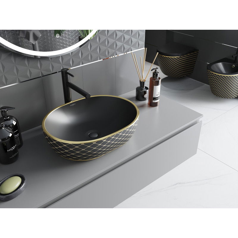 Mexen Viki praustuvė ant stalviršio 48 x 35 cm, juoda matinė/auksinė tinklelio raštas - 21054879