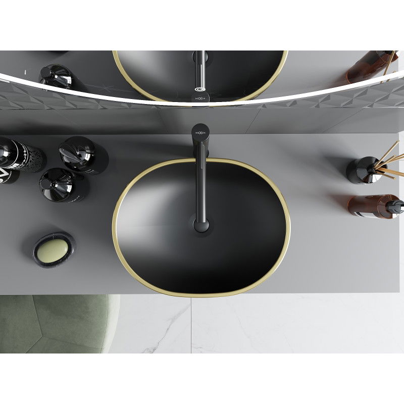 Mexen Viki stalviršio praustuvas 48 x 35 cm, juodas matinis/auksinis grotelinis raštas - 21054879