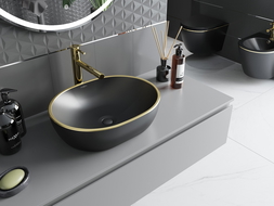 Mexen Viki stalviršio praustuvas 48 x 35 cm, juodas matinis/auksinis kraštas - 21054875