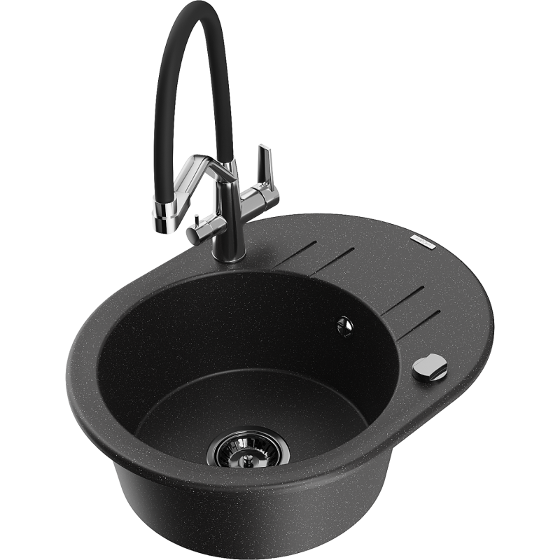 Mexen Kevin granitinė vienos sekcijos plautuvė su Duo virtuviniu maišytuvu, juoda/sidabrinis metalikas - 6517-73-671701-07-B