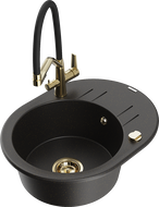 Mexen Kevin granitinė vienos dubens plautuvė su Duo virtuviniu maišytuvu, juoda/auksinė metalika - 6517-75-671701-57-G