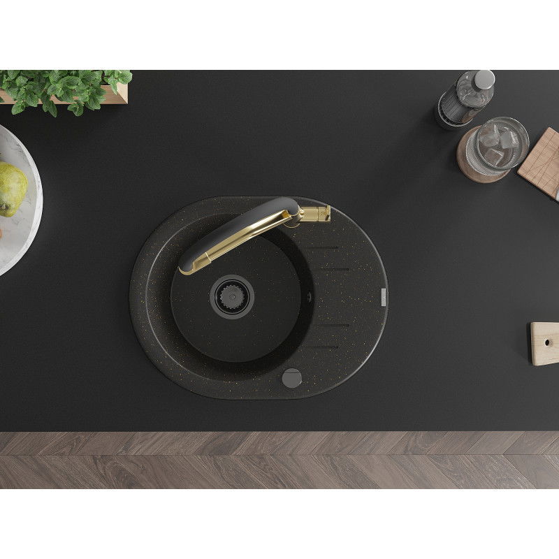 Mexen Kevin granitinė 1-dubenėlio kriauklė su Duo virtuviniu maišytuvu, juodas/auksinis metalikas - 6517-75-671701-57-B