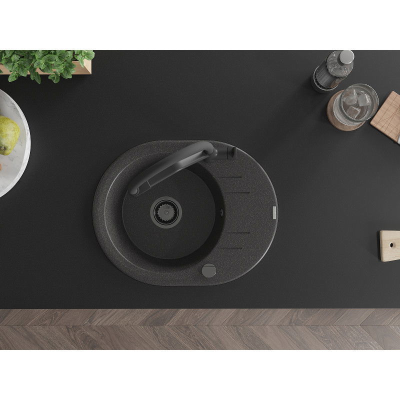 Mexen Kevin granitinis virtuvės plautuvės rinkinys su dujine maišykle Duo, juodas su taškeliais - 6517-76-671701-70-B