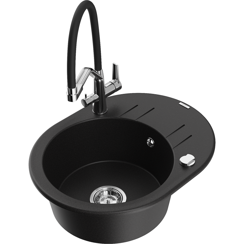 Mexen Kevin granitinis virtuvės kriauklė su viena kamera su virtuviniu maišytuvu Duo, juodas - 6517-77-671701-07