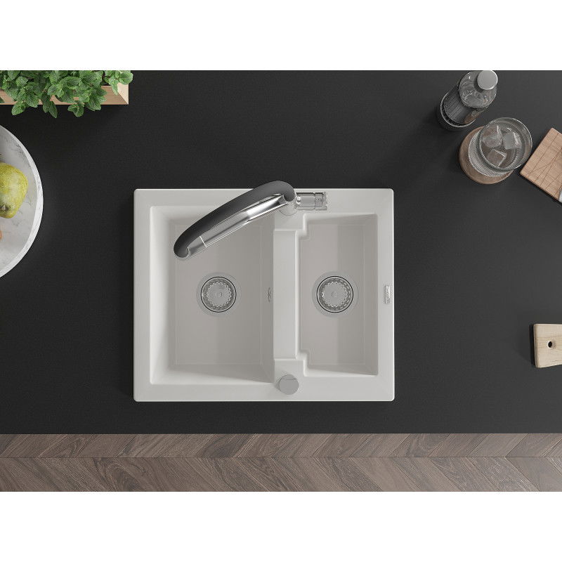 Mexen Carlos granitinis virtuvės kriauklė 1,5 sekcijos su Duo maišytuvu, baltas - 6518-20-671701-07