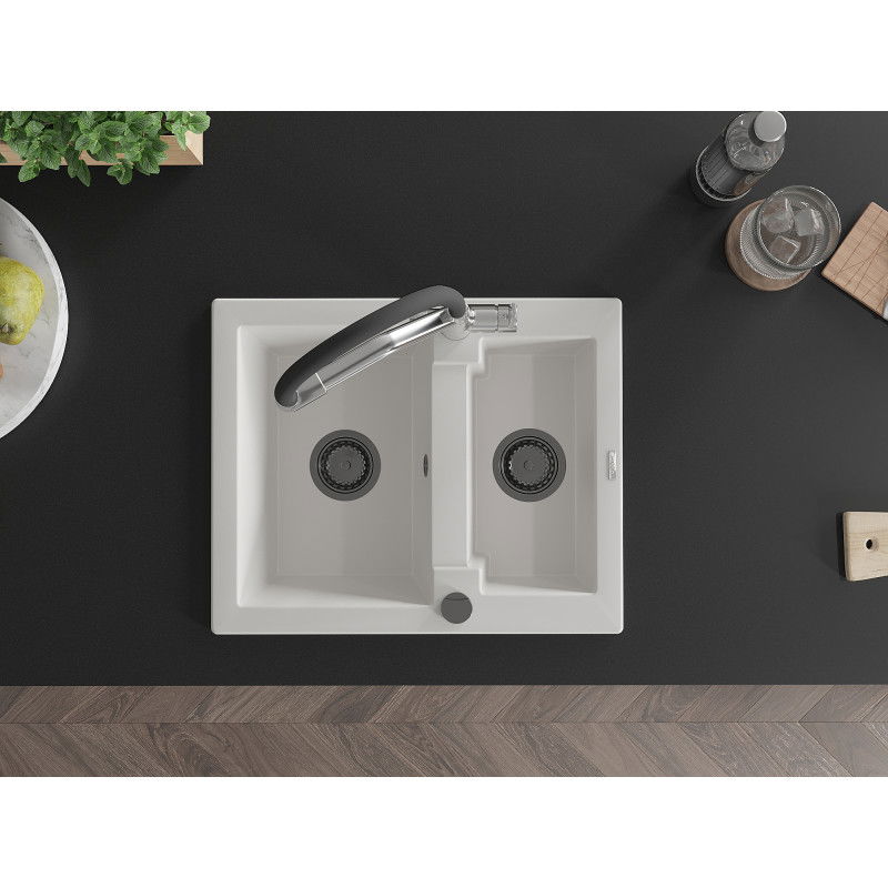 Mexen Carlos granitinis kriauklė 1,5 skylių su virtuvės maišytuvu Duo, baltas - 6518-20-671701-07-B
