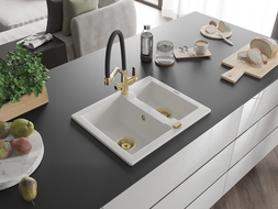 Mexen Carlos granitinė kriauklė 1,5 skylių su Duo virtuviniu maišytuvu, balta - 6518-20-671701-57-G