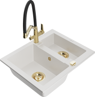 Mexen Carlos granitinė kriauklė 1,5 skylių su Duo virtuviniu maišytuvu, balta - 6518-20-671701-57-G