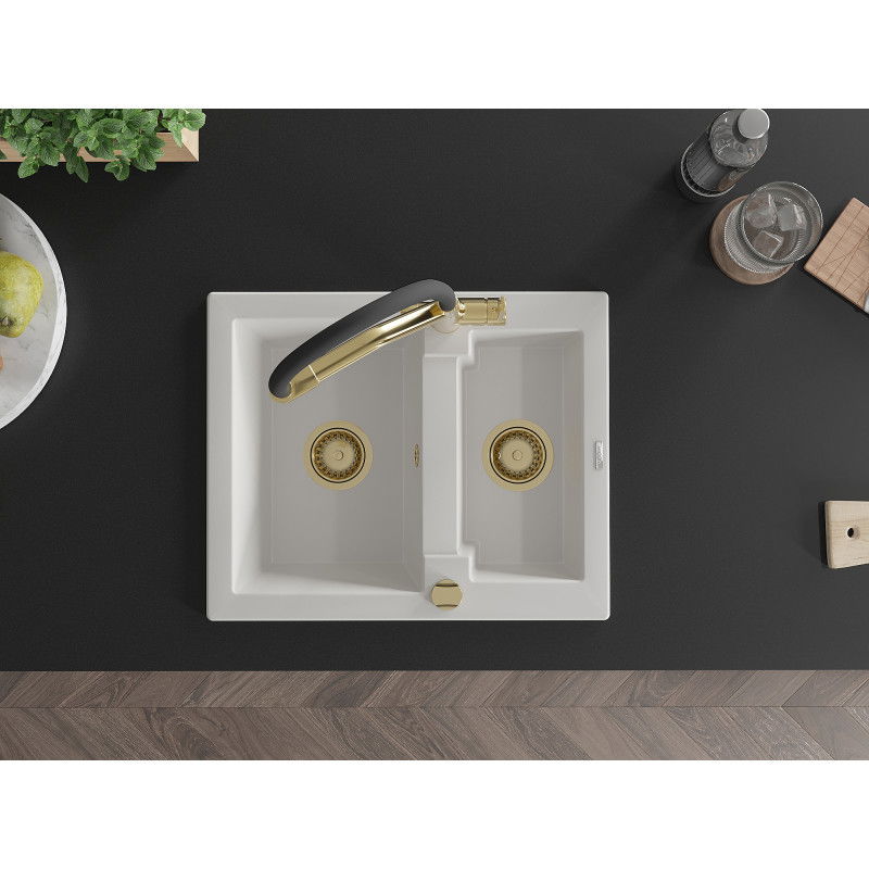 Mexen Carlos granitinė kriauklė 1,5 skylių su Duo virtuviniu maišytuvu, balta - 6518-20-671701-57-G