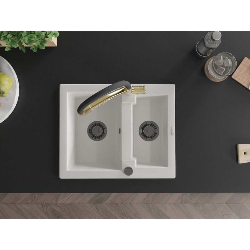 Mexen Carlos 1,5 skyrių akmens masės plautuvė su Duo virtuviniu maišytuvu, balta - 6518-20-671701-57-B