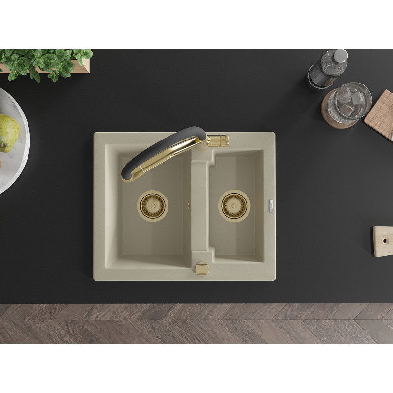 Mexen Carlos granitinis virtuvės plautuvas 1,5-dubeninis su virtuviniu maišytuvu Duo, smėlio spalvos - 6518-69-671701-57-G