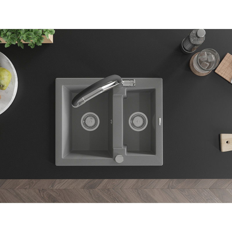 Mexen Carlos granitinis 1,5 skylių plautuvas su virtuvės maišytuvu Duo, pilkas - 6518-71-671701-07