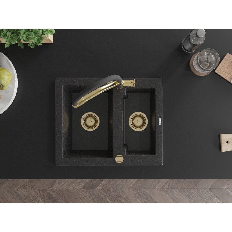 Mexen Carlos granito plautuvė 1,5 kameros su Duo virtuviniu maišytuvu, juoda/sidabrinė metalo spalva - 6518-73-671701-57-G