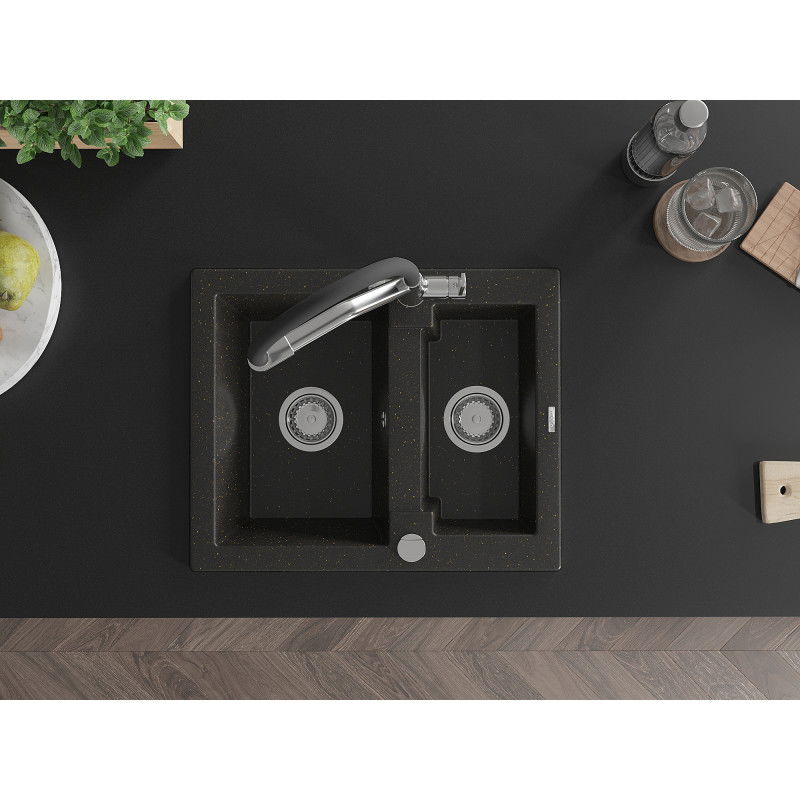 Mexen Carlos granito plautuvė 1,5 skylių su virtuviniu čiaupu Duo, juoda/auksinė metalika - 6518-75-671701-07